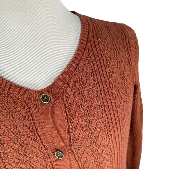 Peruvian Connection Cardigan Sweater Womens XS Rust Open Knit Long Duster Cotton - Picture 2 of 9